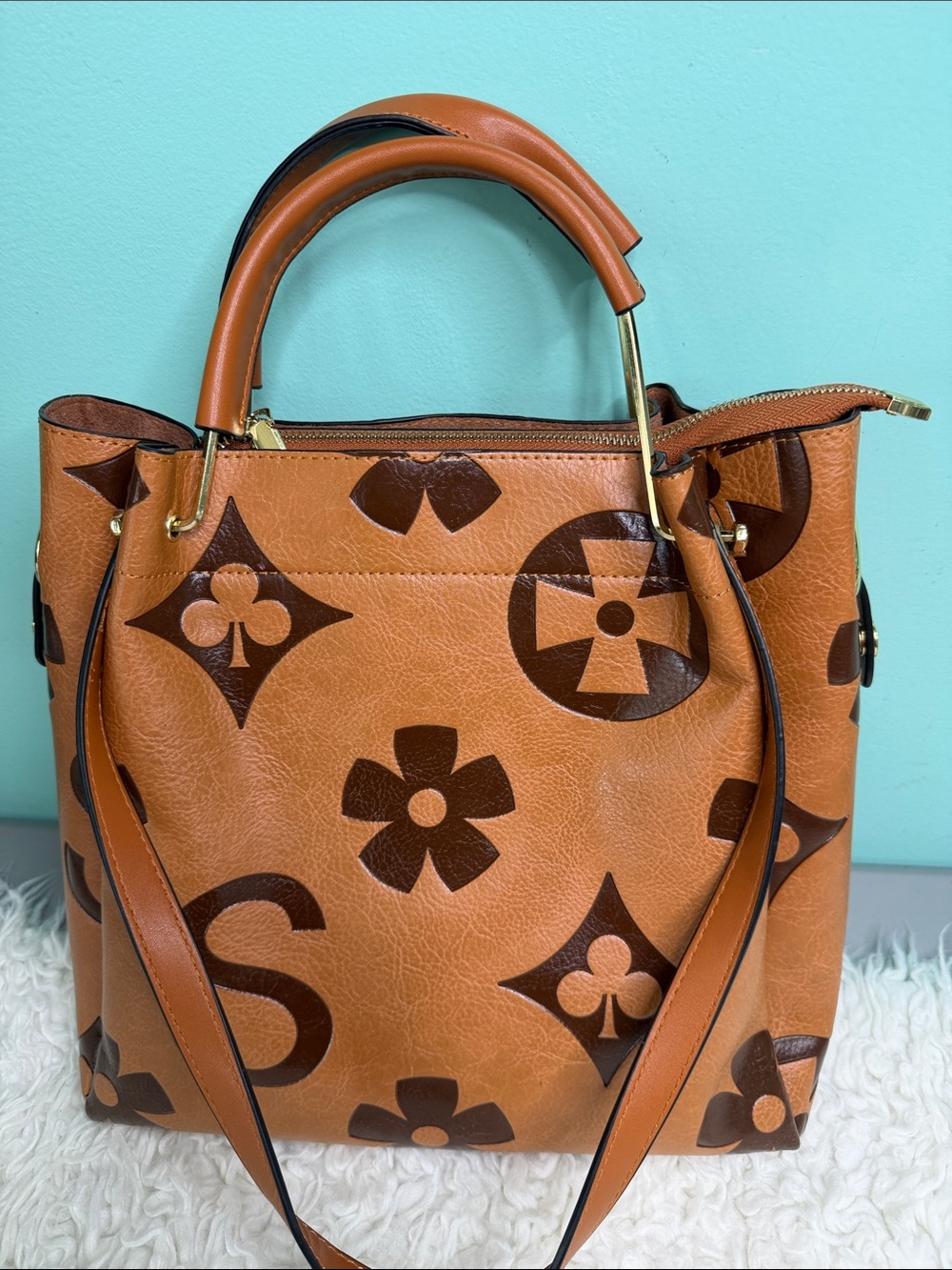 Tan Patterned Leather Shoulder Tote